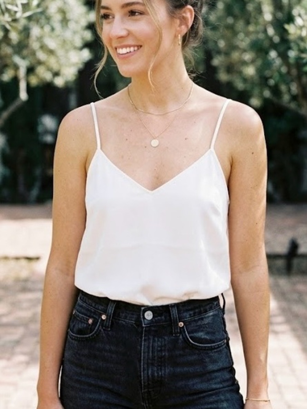 A New Day White Essential Cami V-Neck Satin Tank Top Minimalist Basic Luxury